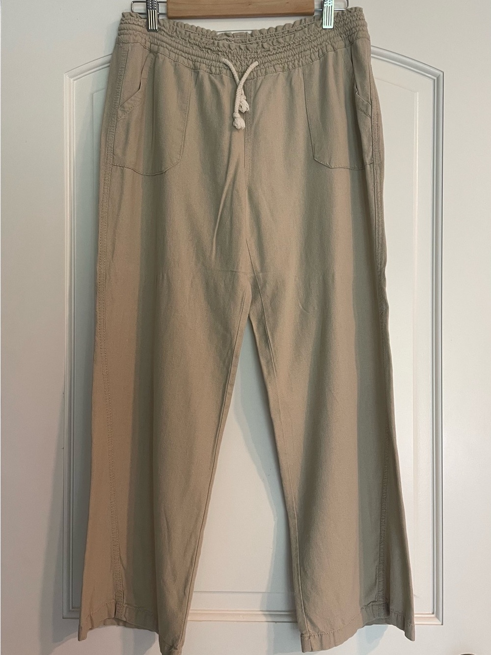 Angel Kiss Women's Beige Linen Rayon Wide-Leg Drawstring Elastic Waist Pants